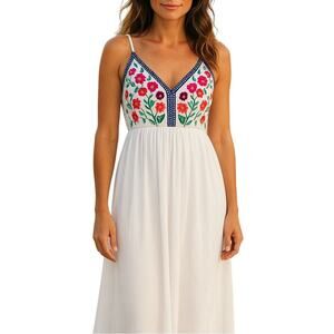 Boho Maxi Dress XL | Embroidered Look Open Back Festival Sundress White Floral